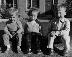 three children sitting on grass field in front of houses